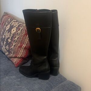 Franco Sarto Black Leather Boots with Gold Accents